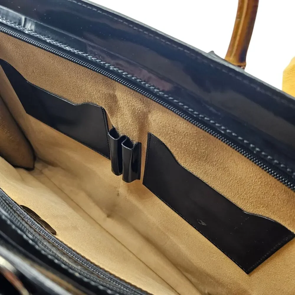 Gucci Vintage Bamboo Top-Handle Briefcase Attache Black Patent Leather